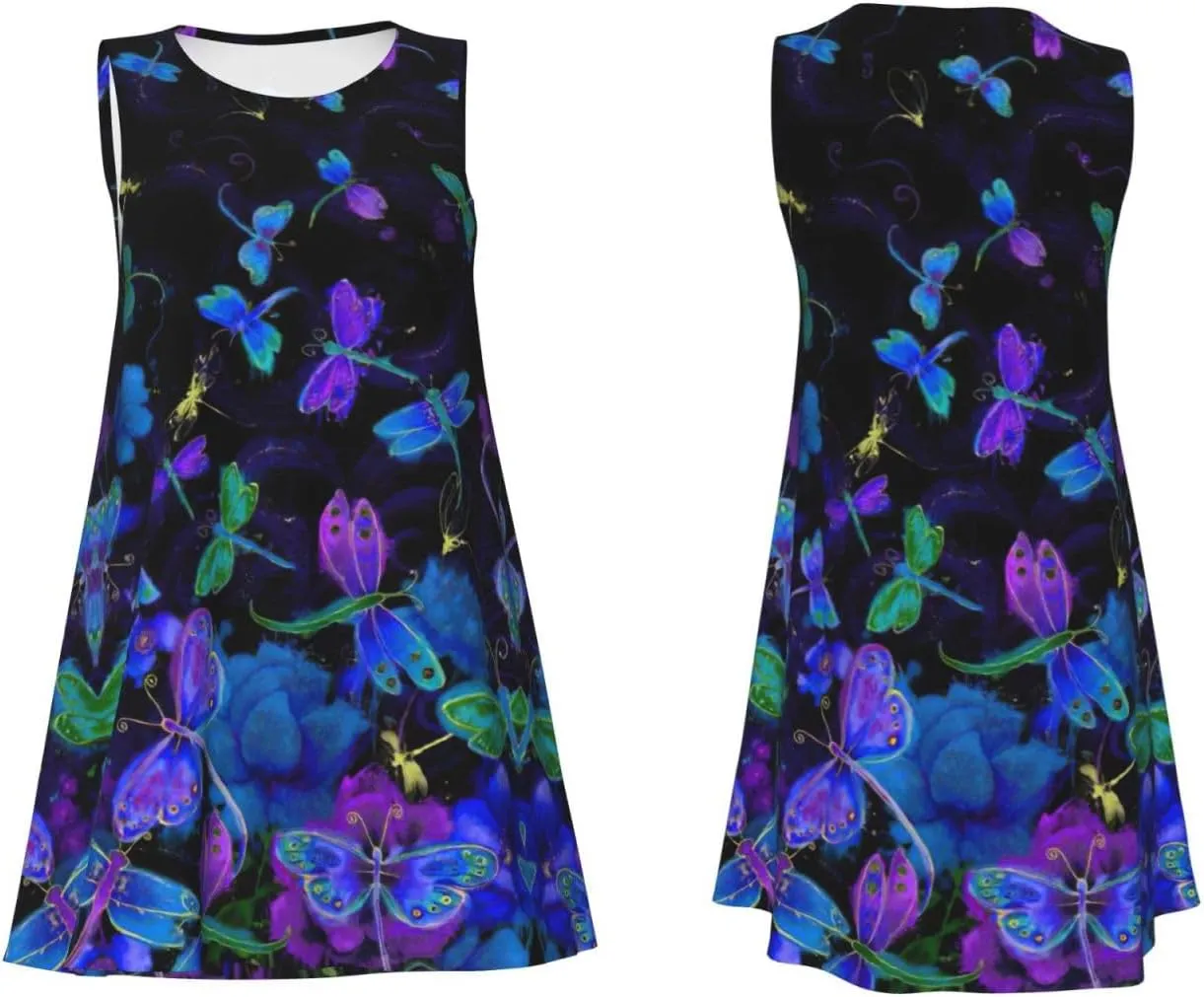 Blue Dragonfly Print Summer Sundress Versatile Women Sleeveless Dress Stylish for Casual to Beach Wear