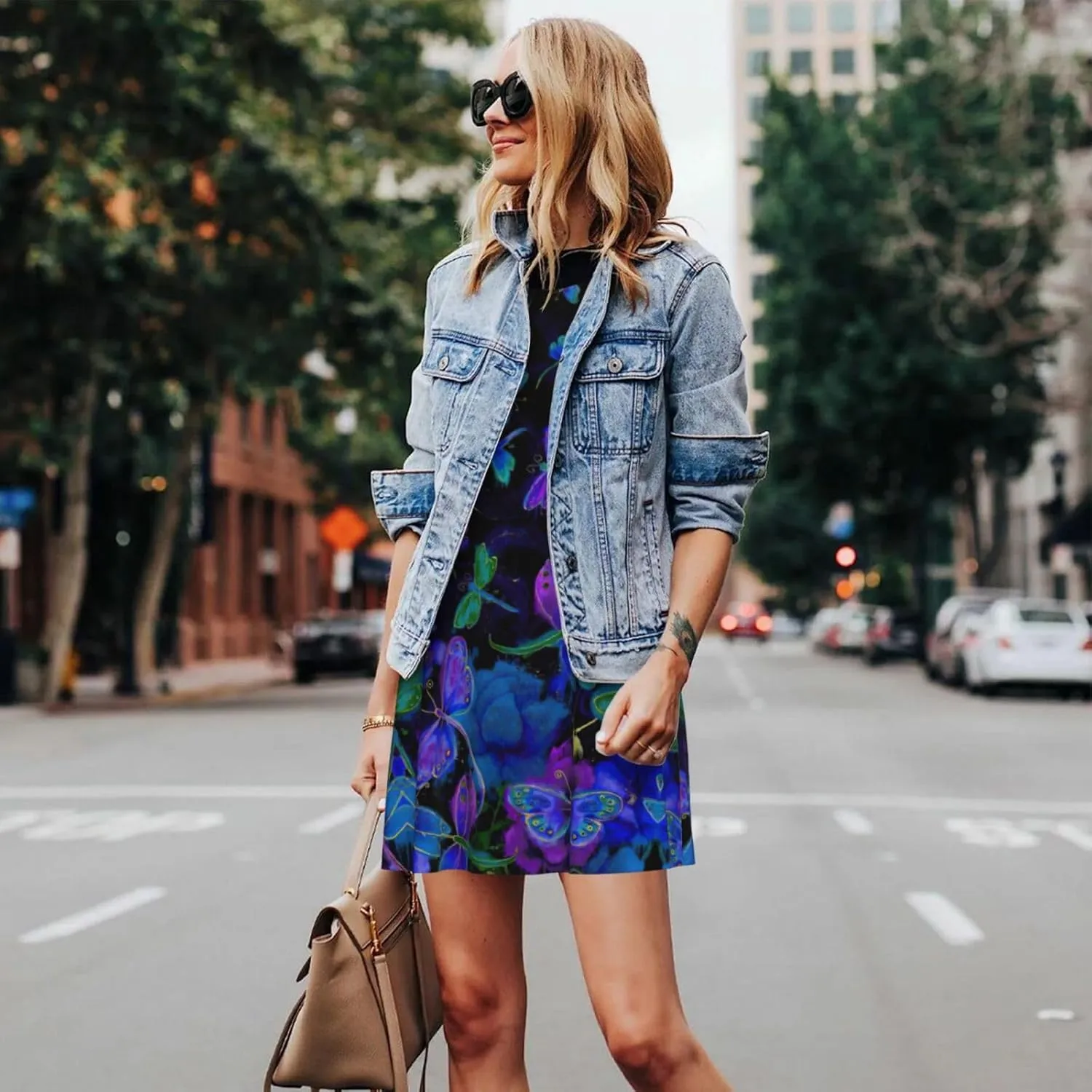 Blue Dragonfly Print Summer Sundress Versatile Women Sleeveless Dress Stylish for Casual to Beach Wear