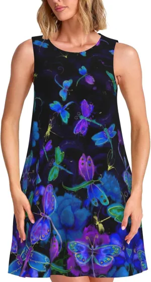 Blue Dragonfly Print Summer Sundress Versatile Women Sleeveless Dress Stylish for Casual to Beach Wear