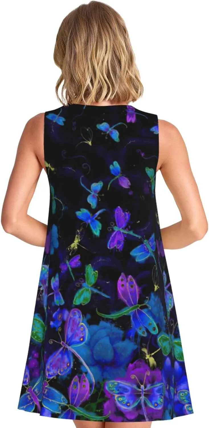 Blue Dragonfly Print Summer Sundress Versatile Women Sleeveless Dress Stylish for Casual to Beach Wear