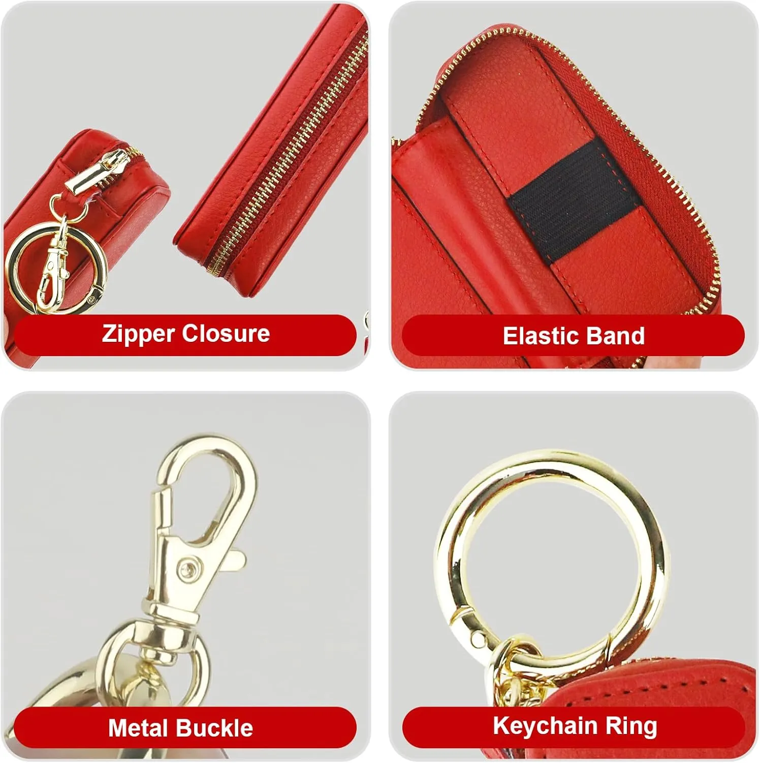 Bocasal Leather Lipstick Case Holder Chapstick Keychain Pouch, Zipper Lip Balm Lip Gloss Bag for Purse with Key Chain Elastic Band, Makeup Travel Organizer, Cosmetic Storage Kit for Women Girls (Red)