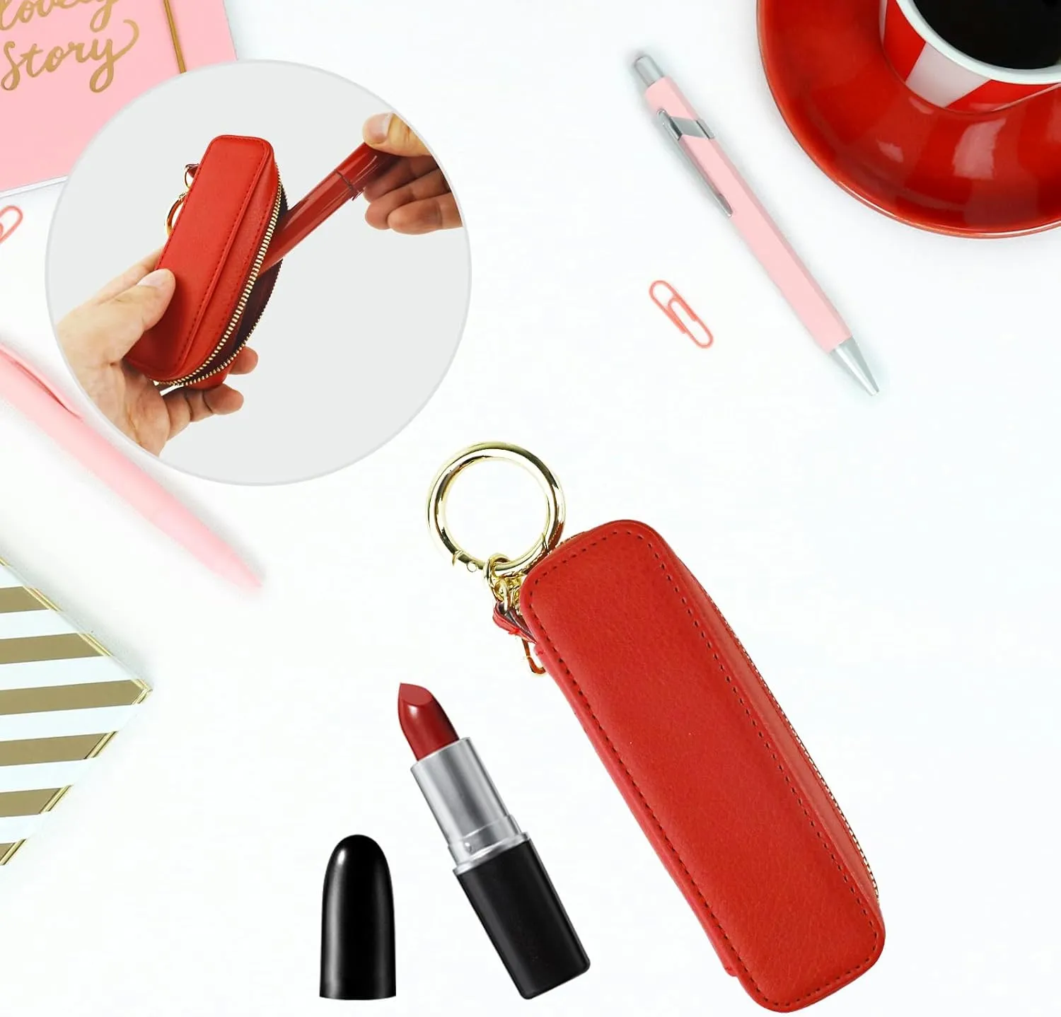Bocasal Leather Lipstick Case Holder Chapstick Keychain Pouch, Zipper Lip Balm Lip Gloss Bag for Purse with Key Chain Elastic Band, Makeup Travel Organizer, Cosmetic Storage Kit for Women Girls (Red)