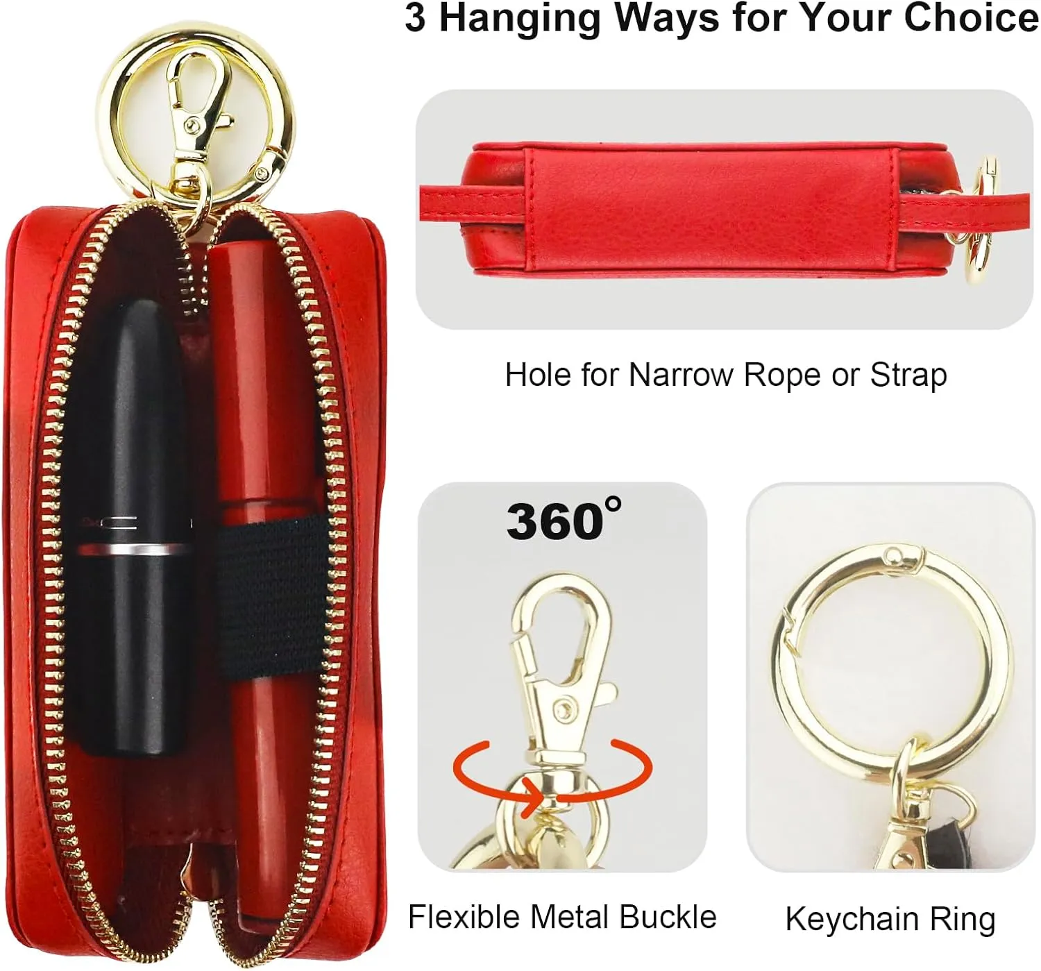 Bocasal Leather Lipstick Case Holder Chapstick Keychain Pouch, Zipper Lip Balm Lip Gloss Bag for Purse with Key Chain Elastic Band, Makeup Travel Organizer, Cosmetic Storage Kit for Women Girls (Red)