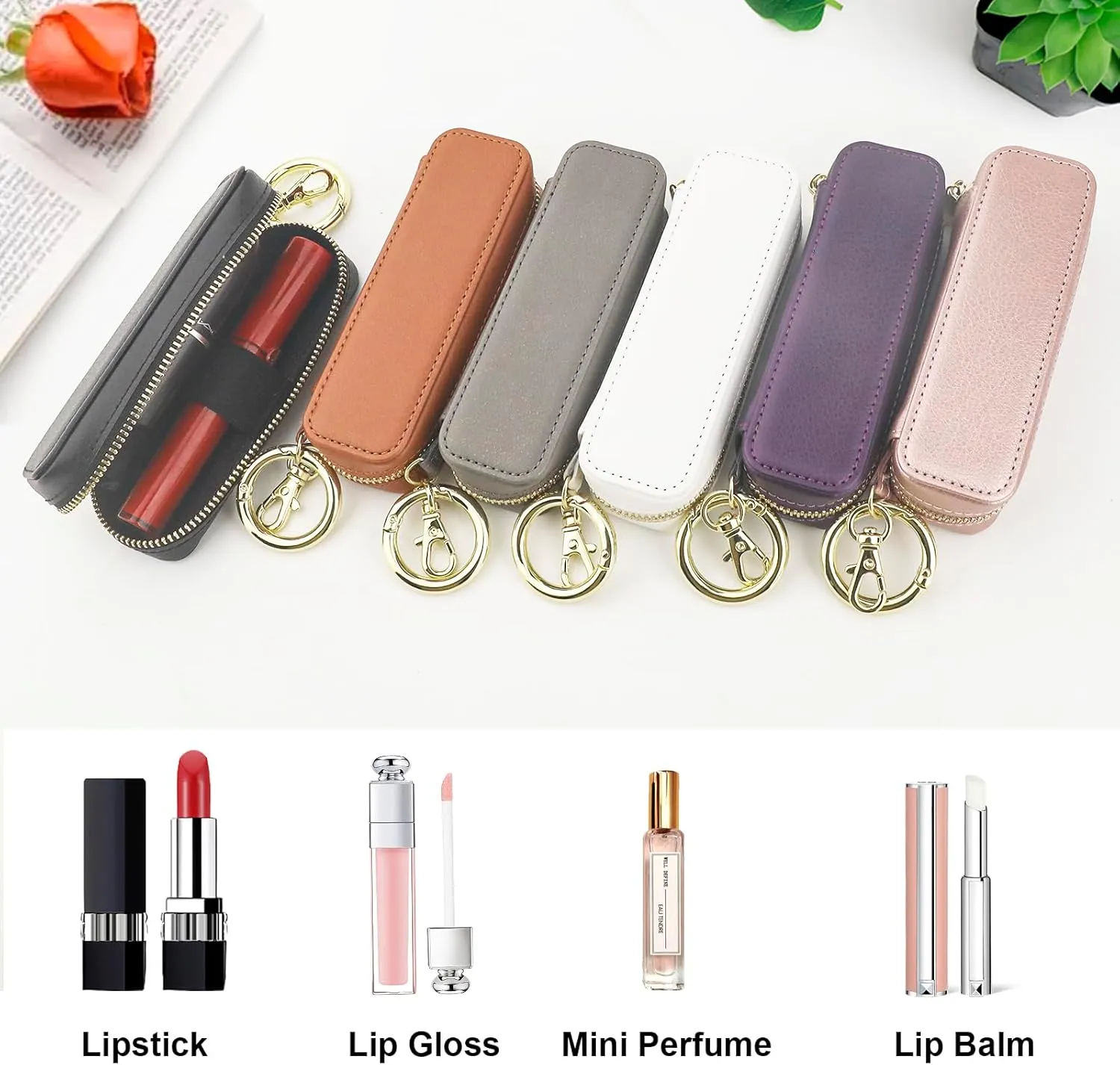 Bocasal Leather Lipstick Case Holder Chapstick Keychain Pouch, Zipper Lip Balm Lip Gloss Bag for Purse with Key Chain Elastic Band, Makeup Travel Organizer, Cosmetic Storage Kit for Women Girls (Red)