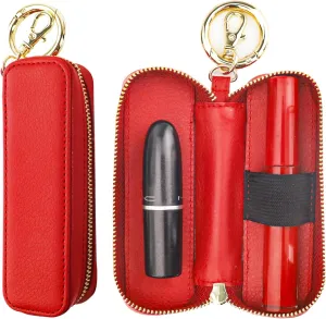 Bocasal Leather Lipstick Case Holder Chapstick Keychain Pouch, Zipper Lip Balm Lip Gloss Bag for Purse with Key Chain Elastic Band, Makeup Travel Organizer, Cosmetic Storage Kit for Women Girls (Red)
