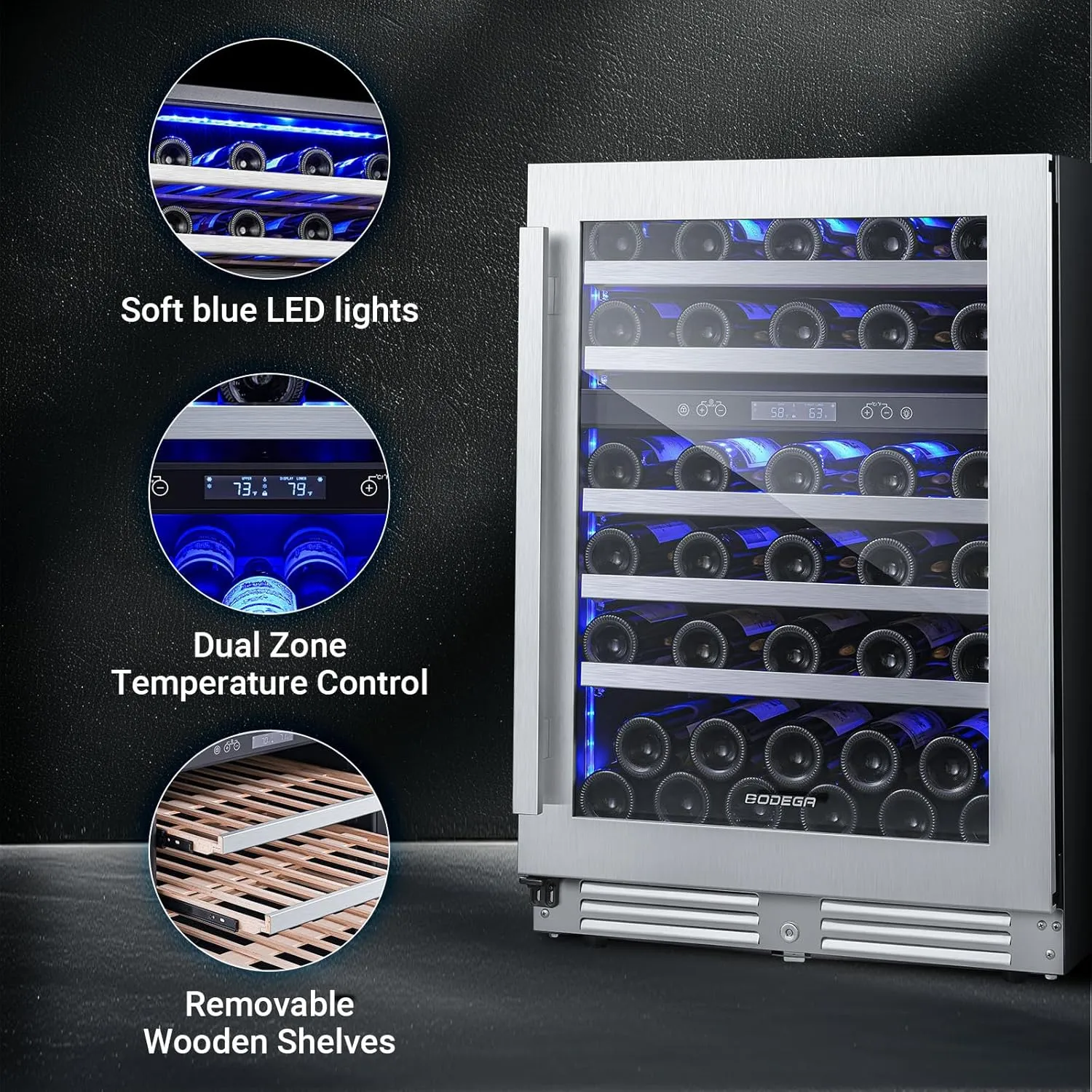 BODEGA 24 Inch Wine Cooler,56 Bottle Wine Refrigerator Dual Zone, Built-In and Freestanding Wine Fridge,with Quick and Silent Cooling System for Red, Rose and Sparkling Wines,Stylish Look