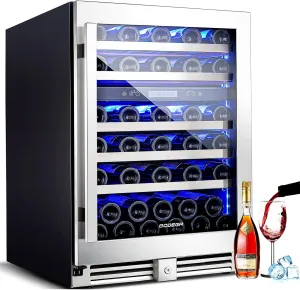BODEGA 24 Inch Wine Cooler,56 Bottle Wine Refrigerator Dual Zone, Built-In and Freestanding Wine Fridge,with Quick and Silent Cooling System for Red, Rose and Sparkling Wines,Stylish Look