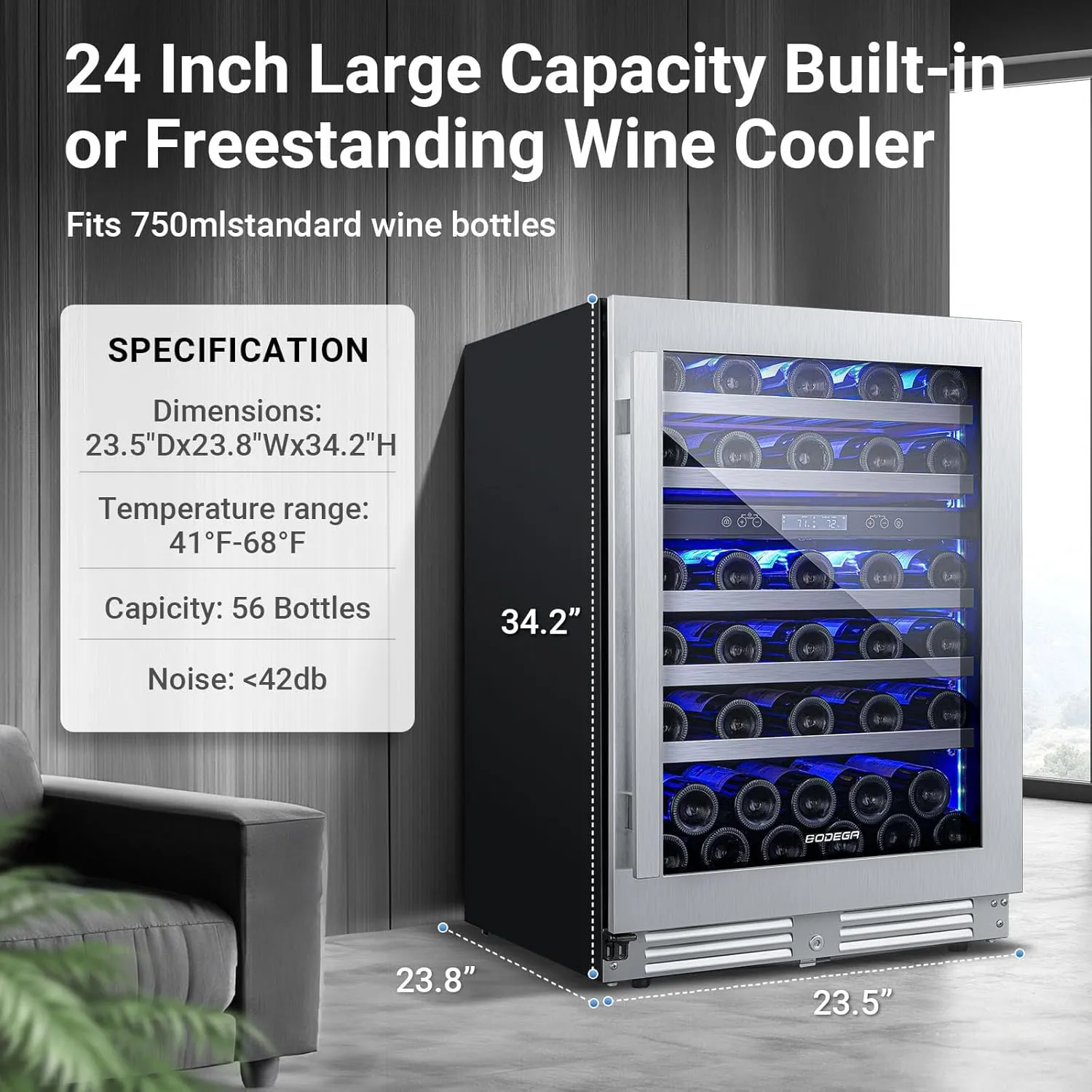 BODEGA 24 Inch Wine Cooler,56 Bottle Wine Refrigerator Dual Zone, Built-In and Freestanding Wine Fridge,with Quick and Silent Cooling System for Red, Rose and Sparkling Wines,Stylish Look