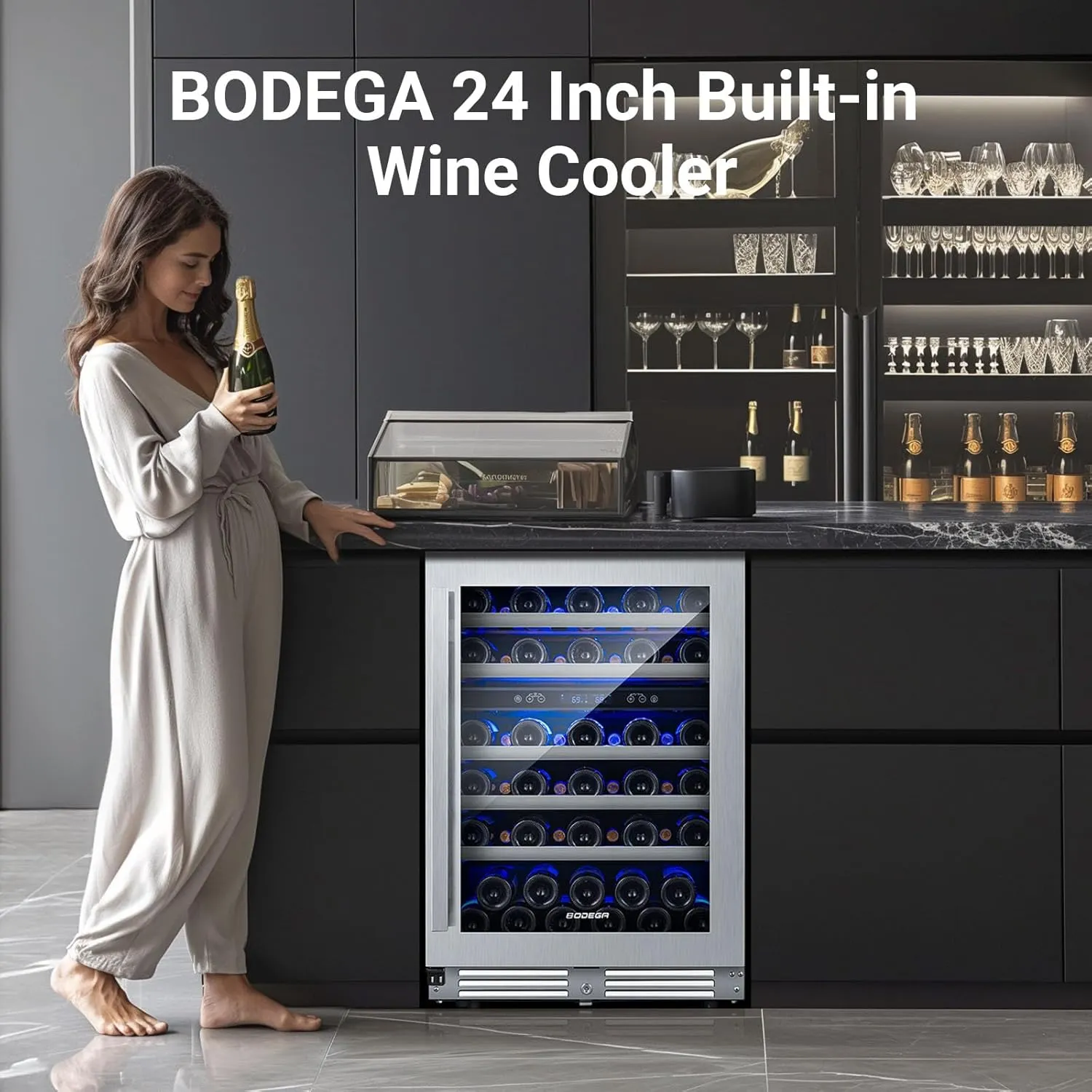 BODEGA 24 Inch Wine Cooler,56 Bottle Wine Refrigerator Dual Zone, Built-In and Freestanding Wine Fridge,with Quick and Silent Cooling System for Red, Rose and Sparkling Wines,Stylish Look