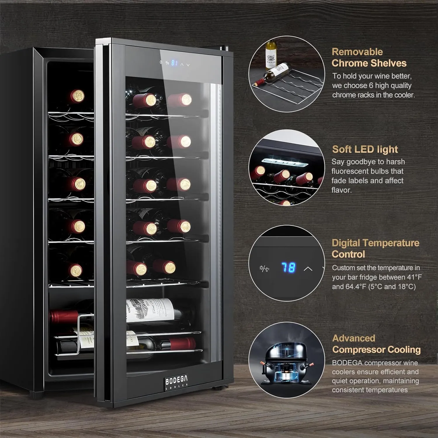 BODEGACOOLER Wine Cooler 24 Bottle for Home and Kitchen, Mini fridge for Bedroom,Wine Fridge with 41-64.4°F Digital Temperature Control,Small Freestanding Wine Refrigerator for Red, White & Champagne