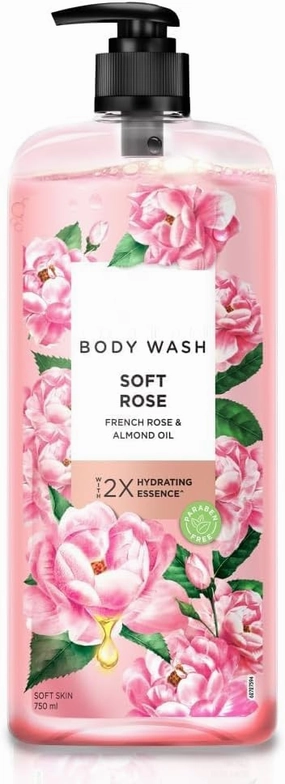 Body Wash Soft Skin French Rose & Almond Oil Super Saver XL Pump Bottle with Long Lasting Fragrance, Glycerine, Paraben Free, Extra Foam, 750 ml