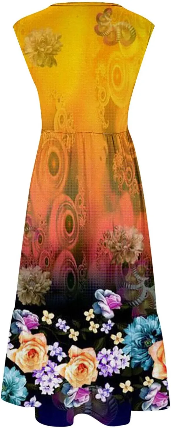 Boho Dresses for Women 2024 High Waist Ruched Maxi Tank Dresses Pockets Summer Hawaiian Dress Vacation Trendy