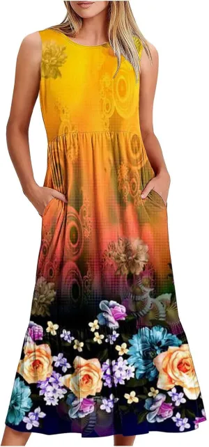 Boho Dresses for Women 2024 High Waist Ruched Maxi Tank Dresses Pockets Summer Hawaiian Dress Vacation Trendy