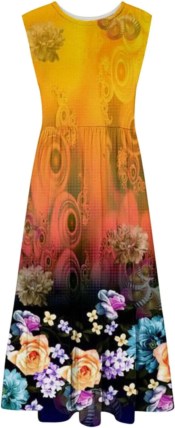 Boho Dresses for Women 2024 High Waist Ruched Maxi Tank Dresses Pockets Summer Hawaiian Dress Vacation Trendy