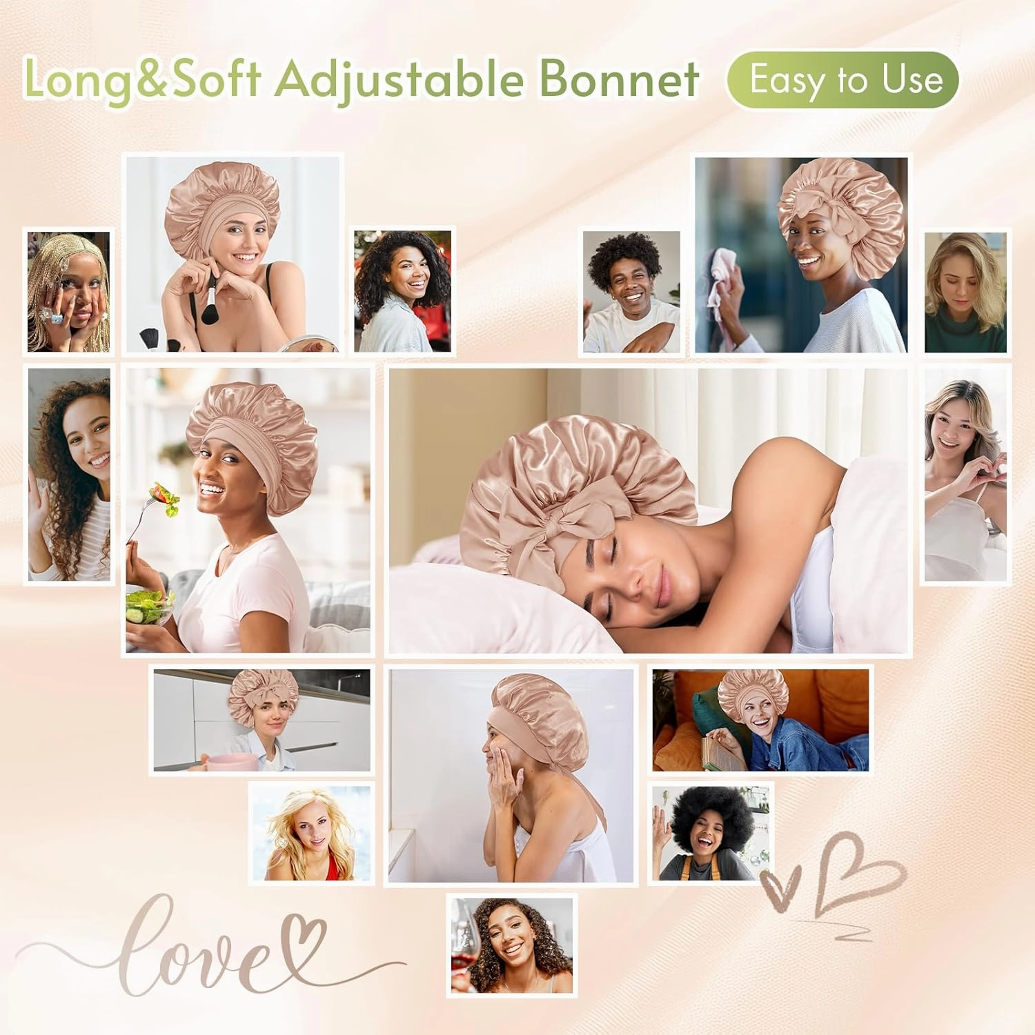 BONNET QUEEN 2Pcs Pack Silk Bonnet for Sleeping Satin Bonnet Hair Bonnet with Tie Band Sleep Bonnet Men Bonnet for Women Curly Hair Brown Champagne