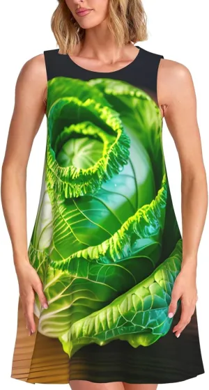Bright Cabbage Print Casual Women Sleeveless Dress Versatile Round Neck Summer Dresses with Pockets
