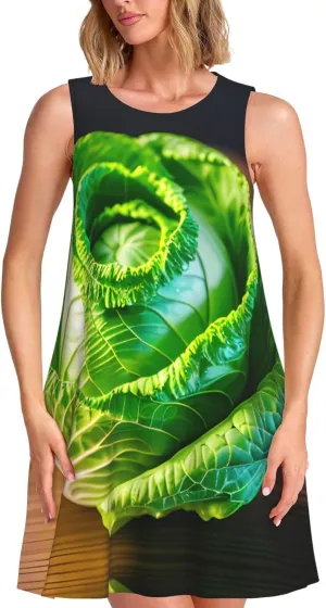 Bright Cabbage Print Sleeveless Dress Round Neck Summer Casual Sundress with Pockets Versatile Dress