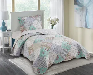 Brilliant Sunshine Blue and Green Rose Quilt Set, 2-Piece Bedding Sets with 1 Sham, Patchwork Design, Washable and Reversible Bedspread, Soft Lightweight Coverlet, All-Season, Twin/Twin XL