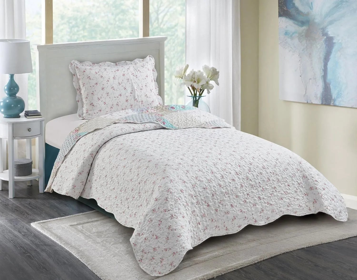 Brilliant Sunshine Blue and Green Rose Quilt Set, 2-Piece Bedding Sets with 1 Sham, Patchwork Design, Washable and Reversible Bedspread, Soft Lightweight Coverlet, All-Season, Twin/Twin XL