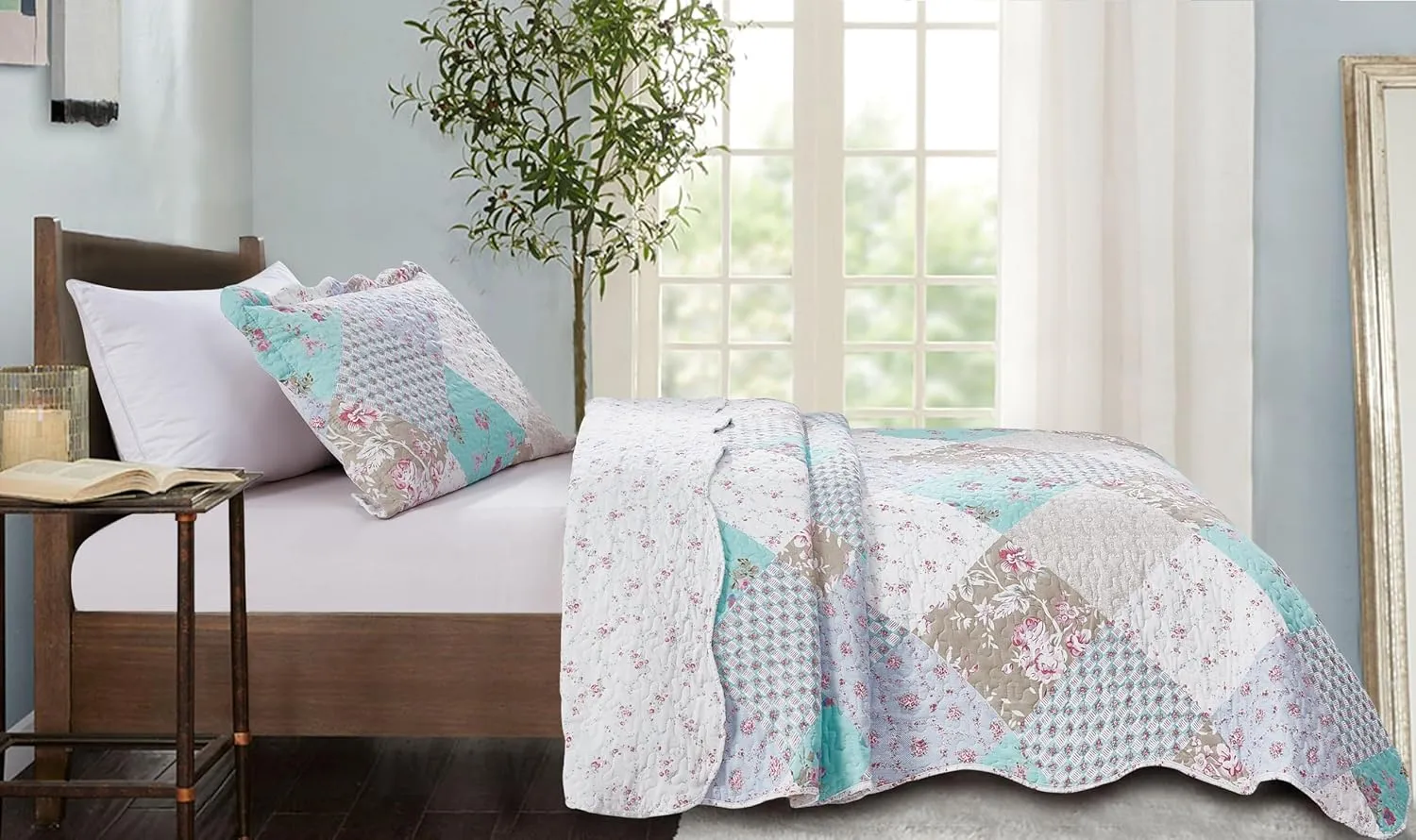 Brilliant Sunshine Blue and Green Rose Quilt Set, 2-Piece Bedding Sets with 1 Sham, Patchwork Design, Washable and Reversible Bedspread, Soft Lightweight Coverlet, All-Season, Twin/Twin XL
