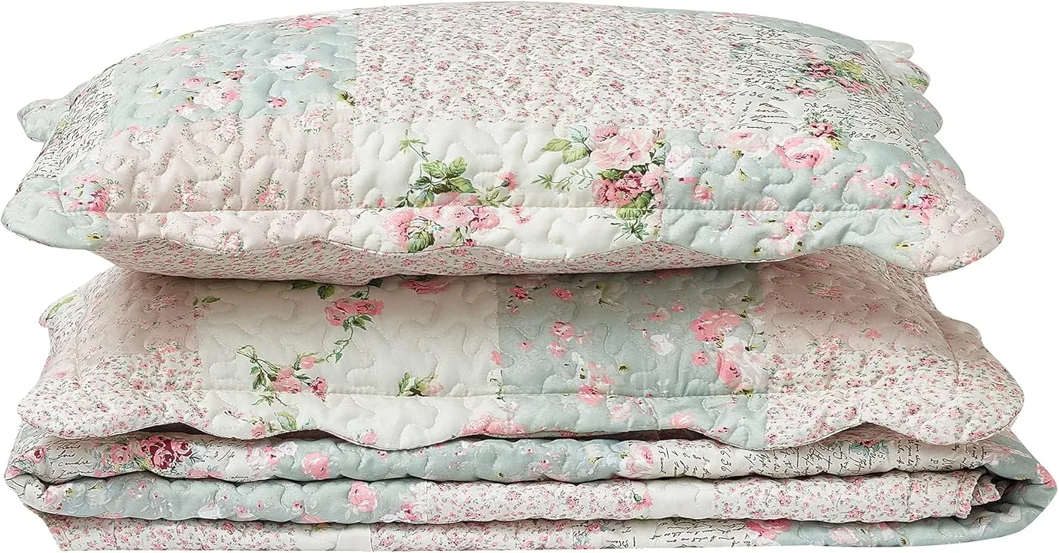 Brilliant Sunshine Rose and Sage Quilt Set, 3-Piece Bedding Sets, Traditional Patchwork Design, Washable and Reversible Bedspread, Soft Lightweight Coverlet, All-Season, Full/Queen, Light Pink Green