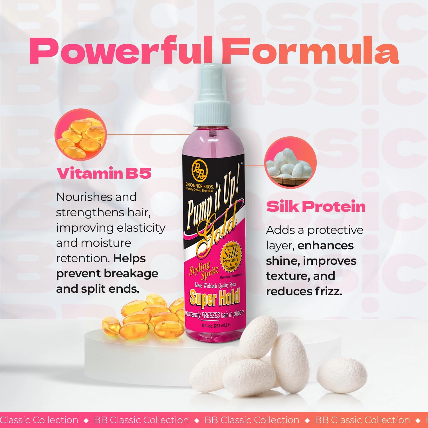 Bronner Bros Pump It Up Styling Spritz Gold 80% – Fast-Dry Hair Spray Extra Hold with Vitamin B5 & Silk Protein - Maximum Hold Finishing Spritz Hairspray, Adds Shine, Nourishes, No Build-up - 8oz