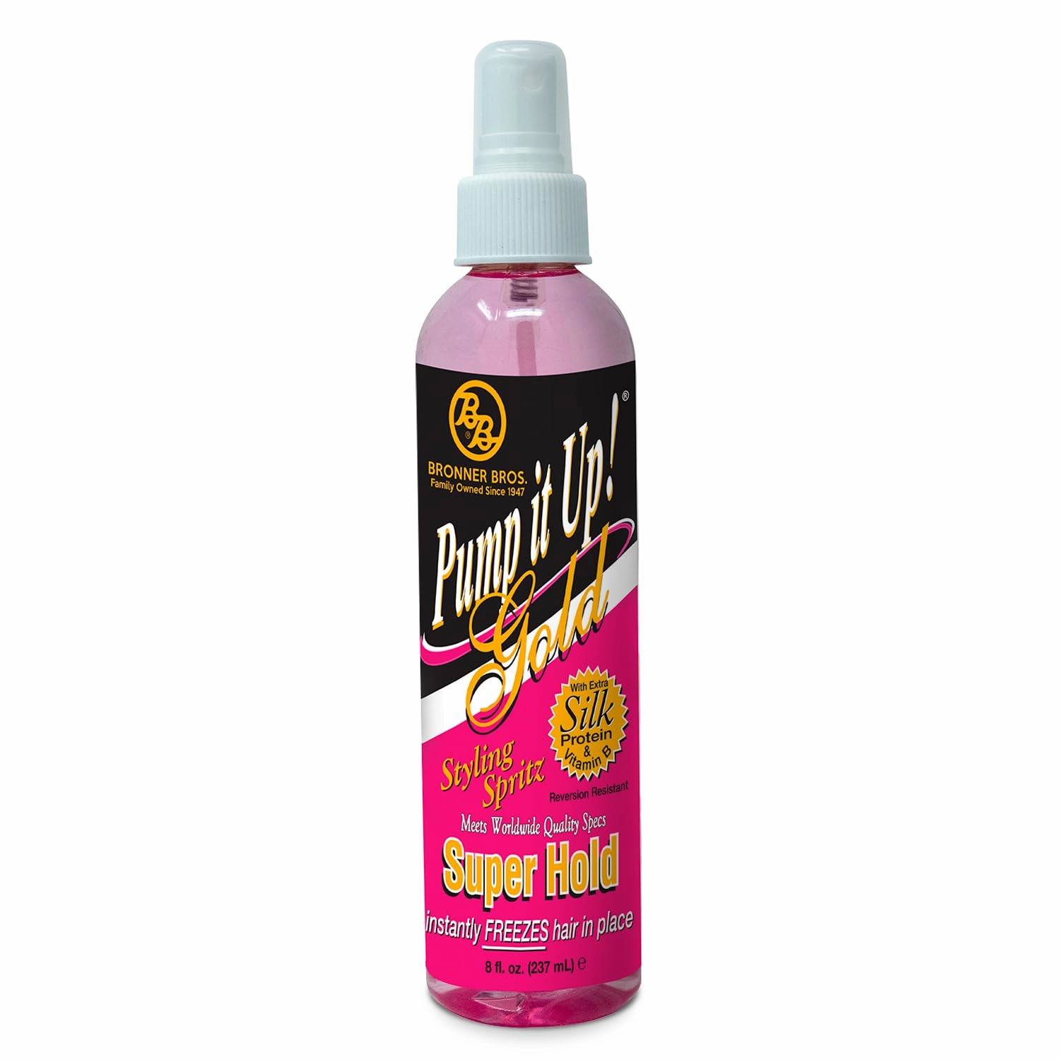 Bronner Bros Pump It Up Styling Spritz Gold 80% – Fast-Dry Hair Spray Extra Hold with Vitamin B5 & Silk Protein - Maximum Hold Finishing Spritz Hairspray, Adds Shine, Nourishes, No Build-up - 8oz