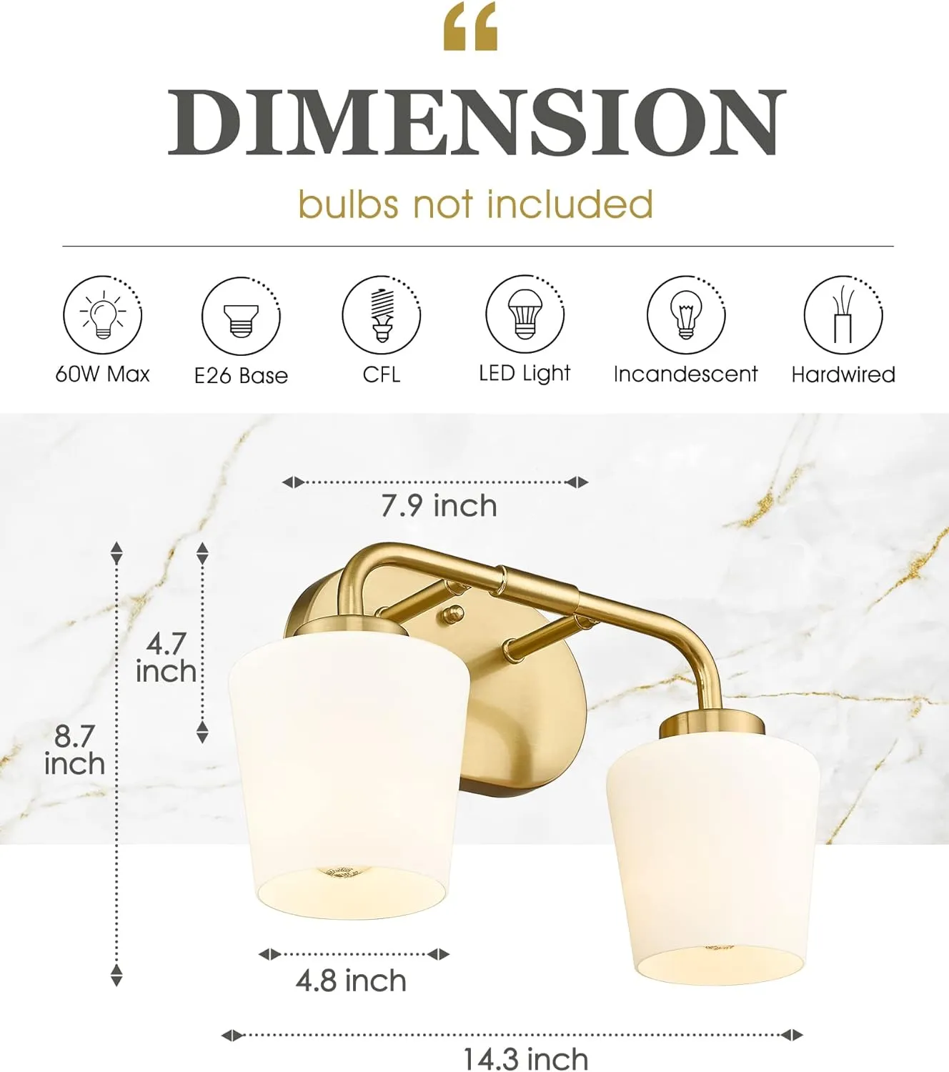 Brushed Gold Bathroom Vanity Light, Farmhouse Brass Sconces Wall Lighting with Milk White Glass, Champagne Bronze Light Fixture Over Mirror, AD-22004-2W-GD