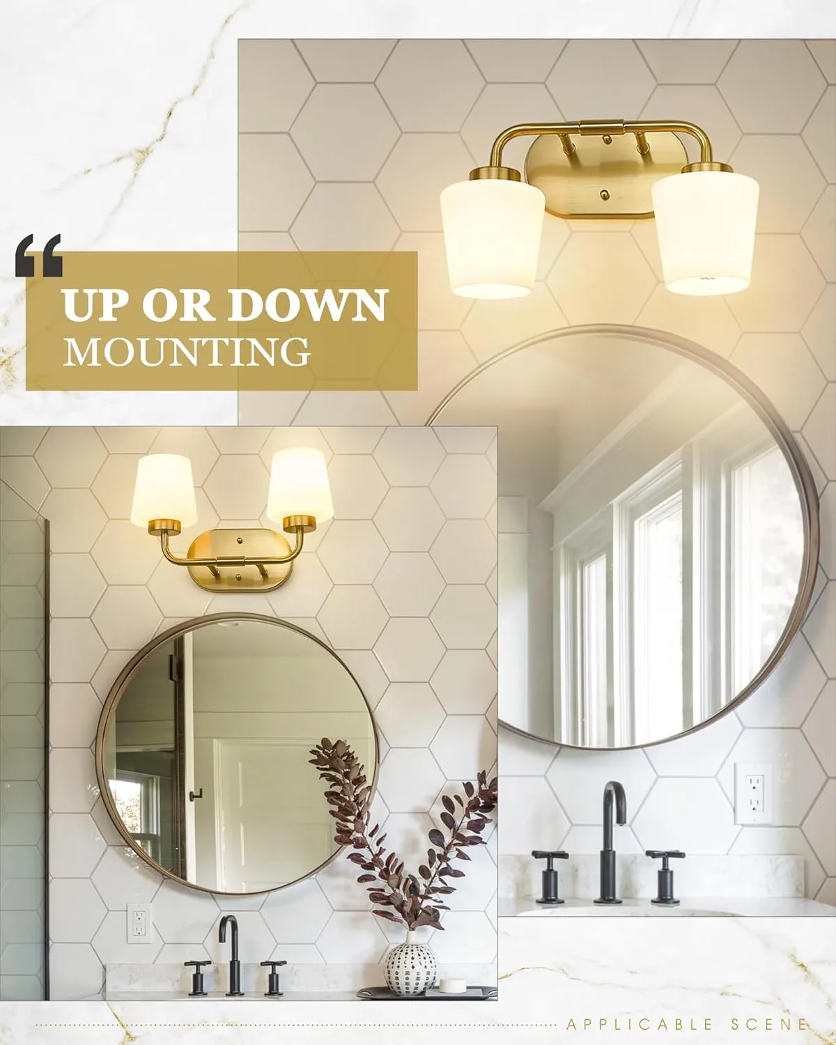 Brushed Gold Bathroom Vanity Light, Farmhouse Brass Sconces Wall Lighting with Milk White Glass, Champagne Bronze Light Fixture Over Mirror, AD-22004-2W-GD