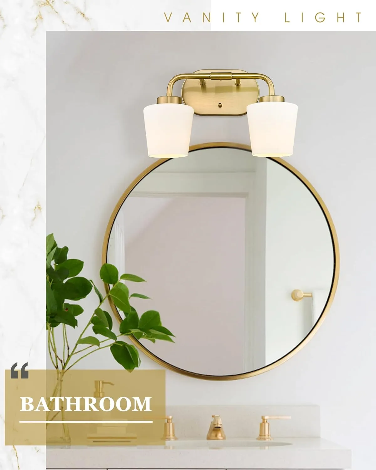 Brushed Gold Bathroom Vanity Light, Farmhouse Brass Sconces Wall Lighting with Milk White Glass, Champagne Bronze Light Fixture Over Mirror, AD-22004-2W-GD