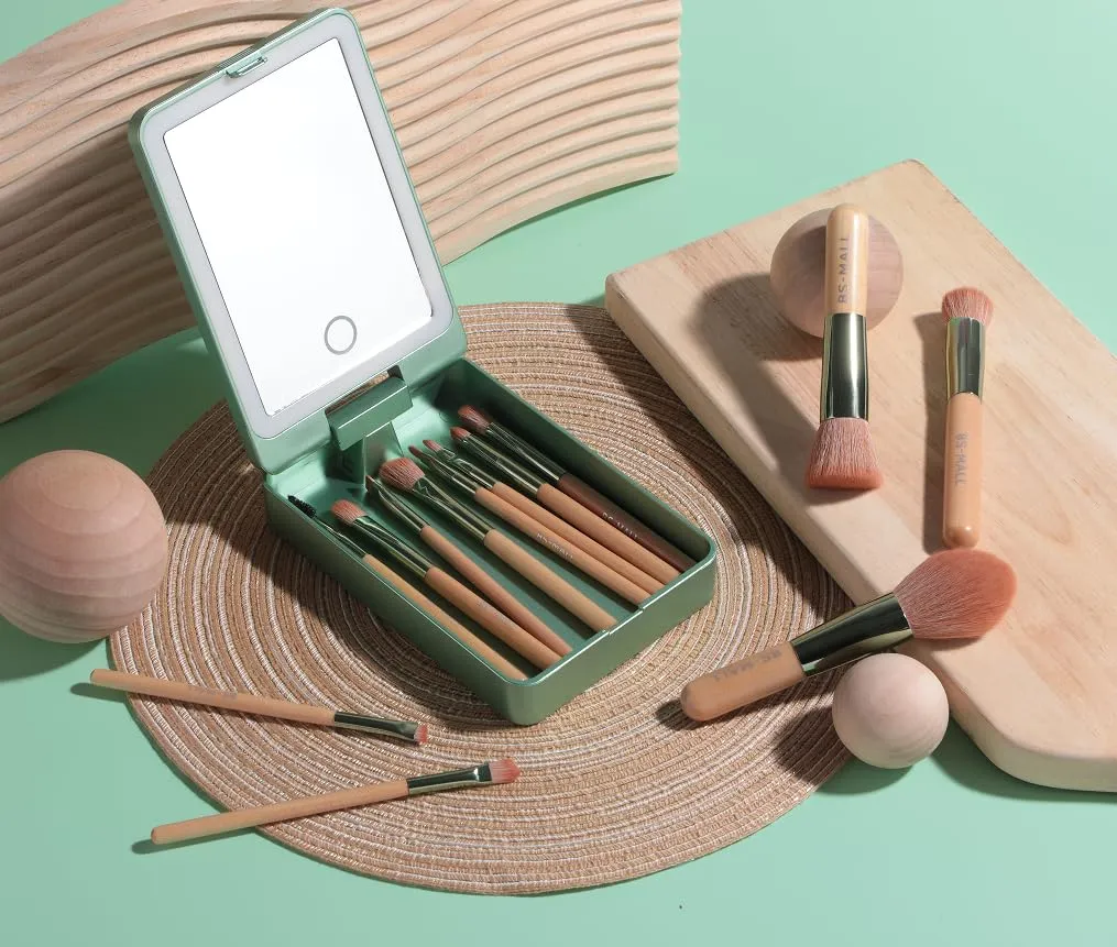 BS-MALL Travel Makeup Brush Set – 14 Pcs Foundation Powder Concealers Eye Shadows with LED Light Mirror, Green