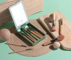 BS-MALL Travel Makeup Brush Set – 14 Pcs Foundation Powder Concealers Eye Shadows with LED Light Mirror, Green