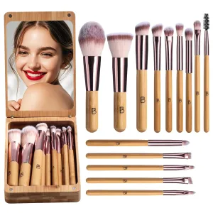 BS-MALL Travel Makeup Brush Set Bamboo Brushes Foundation Powder Concealers Eye Shadows Makeup Set with Mirror Case 14 Pcs