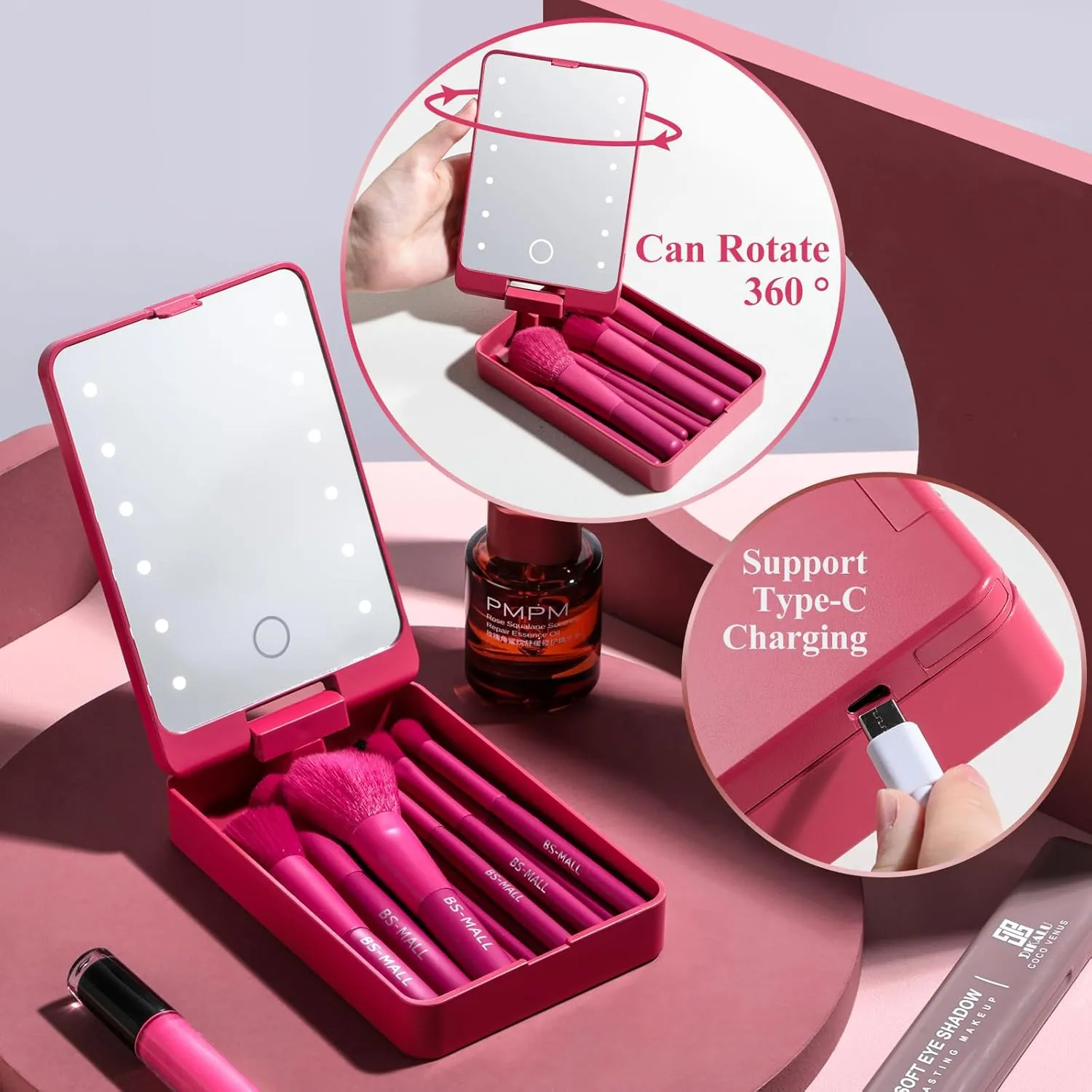 BS-MALL Travel Makeup Brush Set Foundation Powder Concealers Eye Shadows Makeup Set with LED light Mirror 14 Pcs (HotPink)