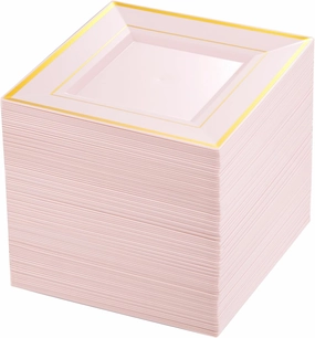 bUCLA 100PCS Pink Square Plastic Plates - 6inch Disposable Pink and Gold Valentine's Day Plates - Premium Hard Square Small Appetizer/Cake Plates for Wedding,Party&Valentine's Day