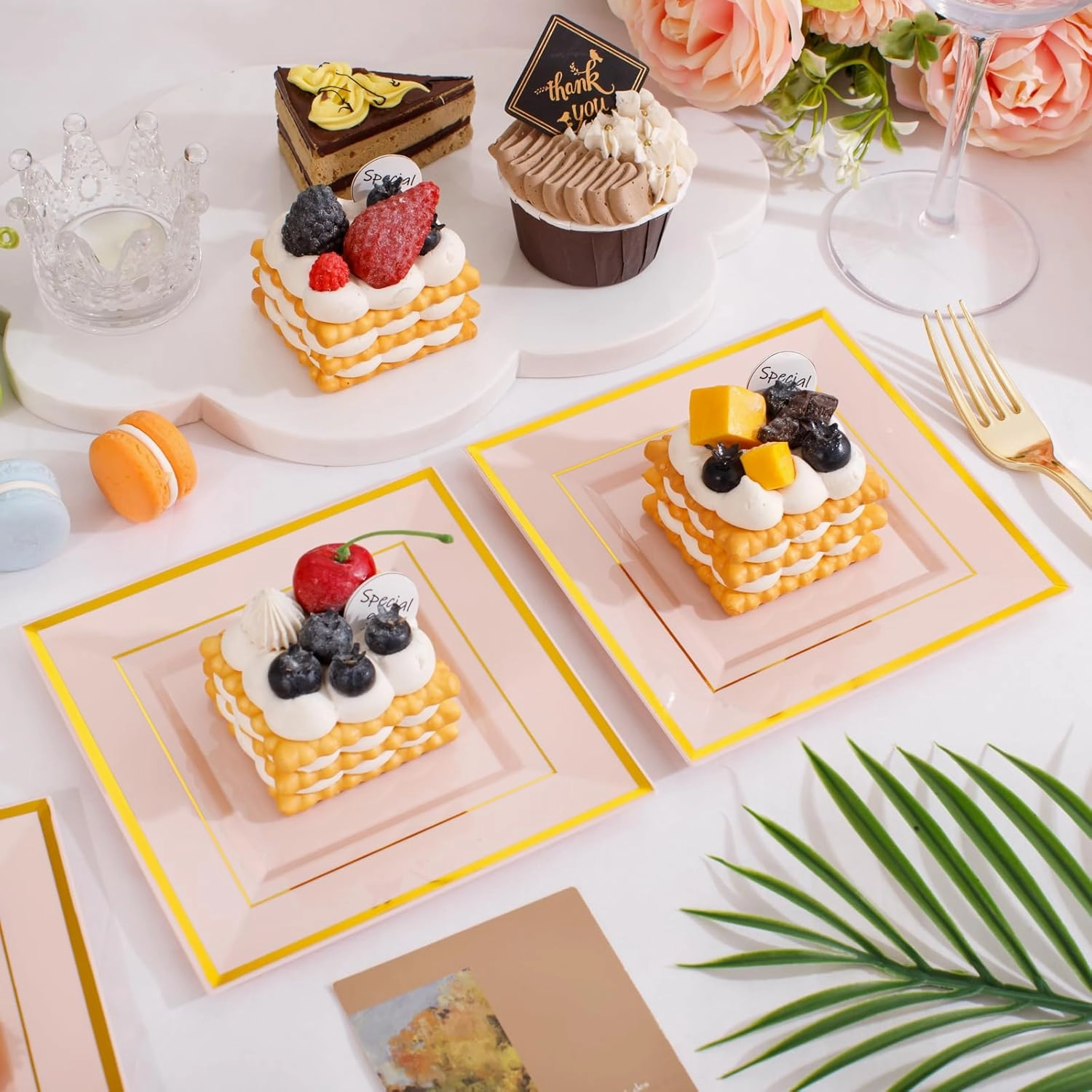 bUCLA 100PCS Pink Square Plastic Plates - 6inch Disposable Pink and Gold Valentine's Day Plates - Premium Hard Square Small Appetizer/Cake Plates for Wedding,Party&Valentine's Day