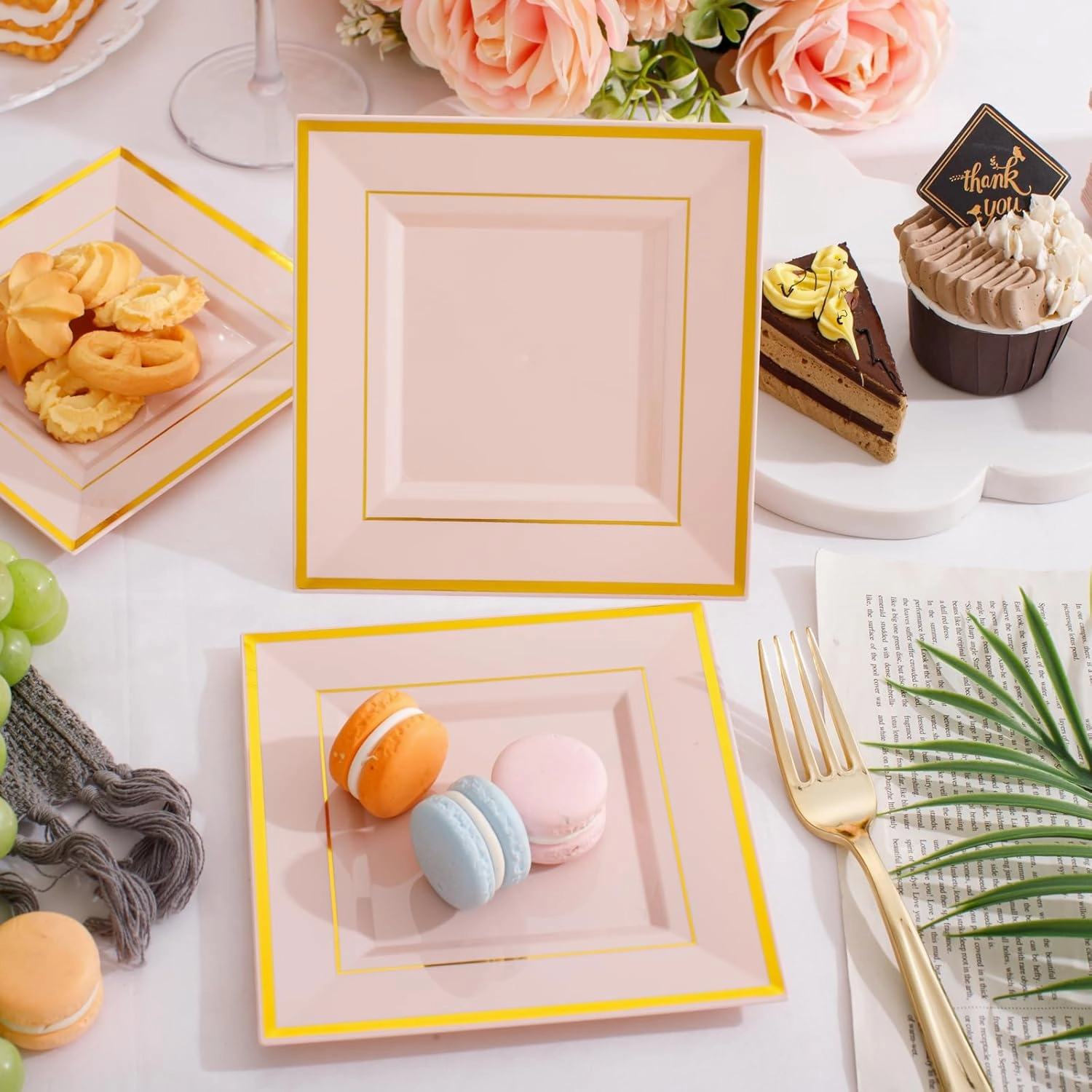 bUCLA 100PCS Pink Square Plastic Plates - 6inch Disposable Pink and Gold Valentine's Day Plates - Premium Hard Square Small Appetizer/Cake Plates for Wedding,Party&Valentine's Day