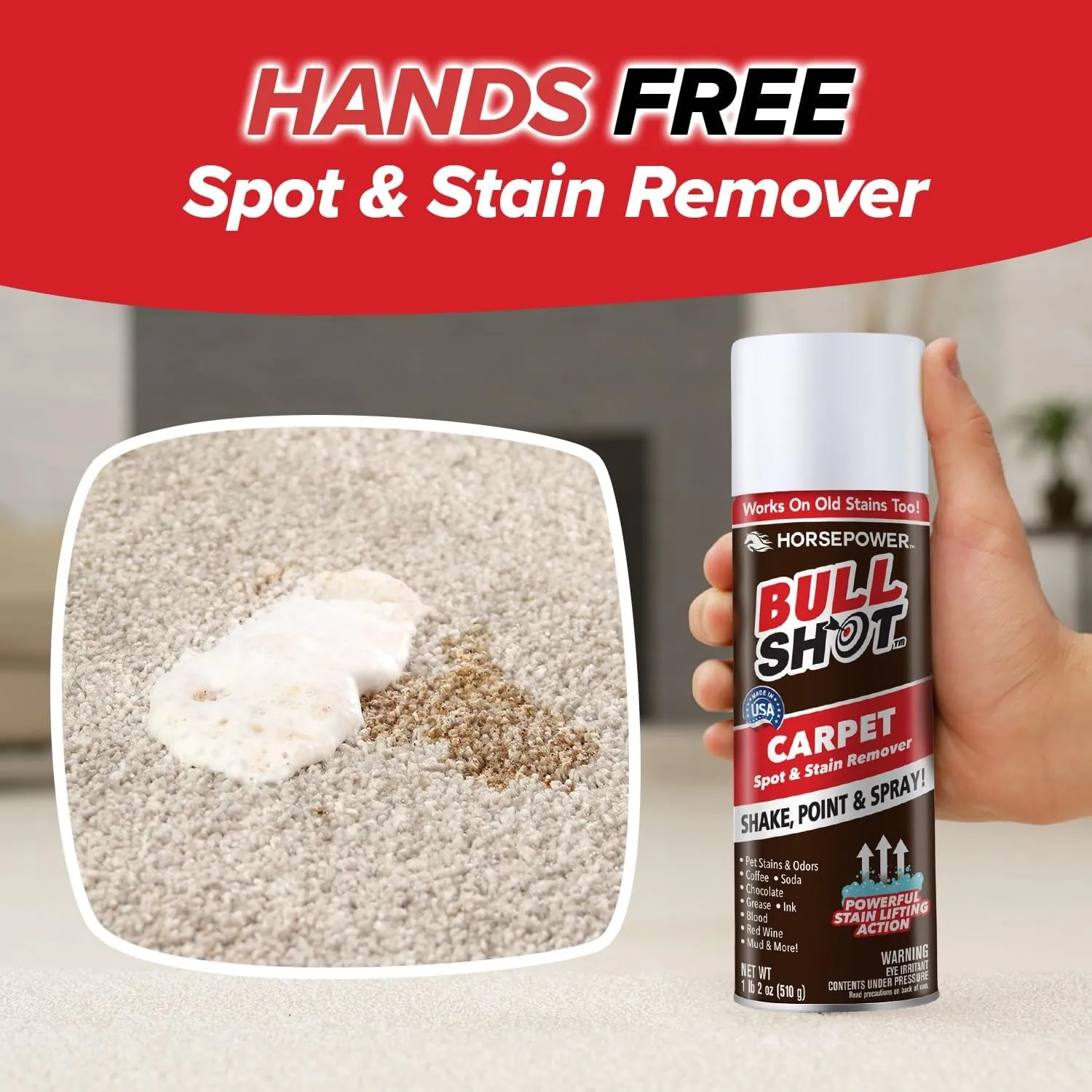 Bull Shot Carpet Spot & Stain Remover by Horsepower, AS-SEEN-ON-TV, Made In USA, Just Point & Spray, Stain-Lifting Foam-Action, Pet Stains & Odors, Coffee, Soda, Wine, Grease, New & Old Stains & More