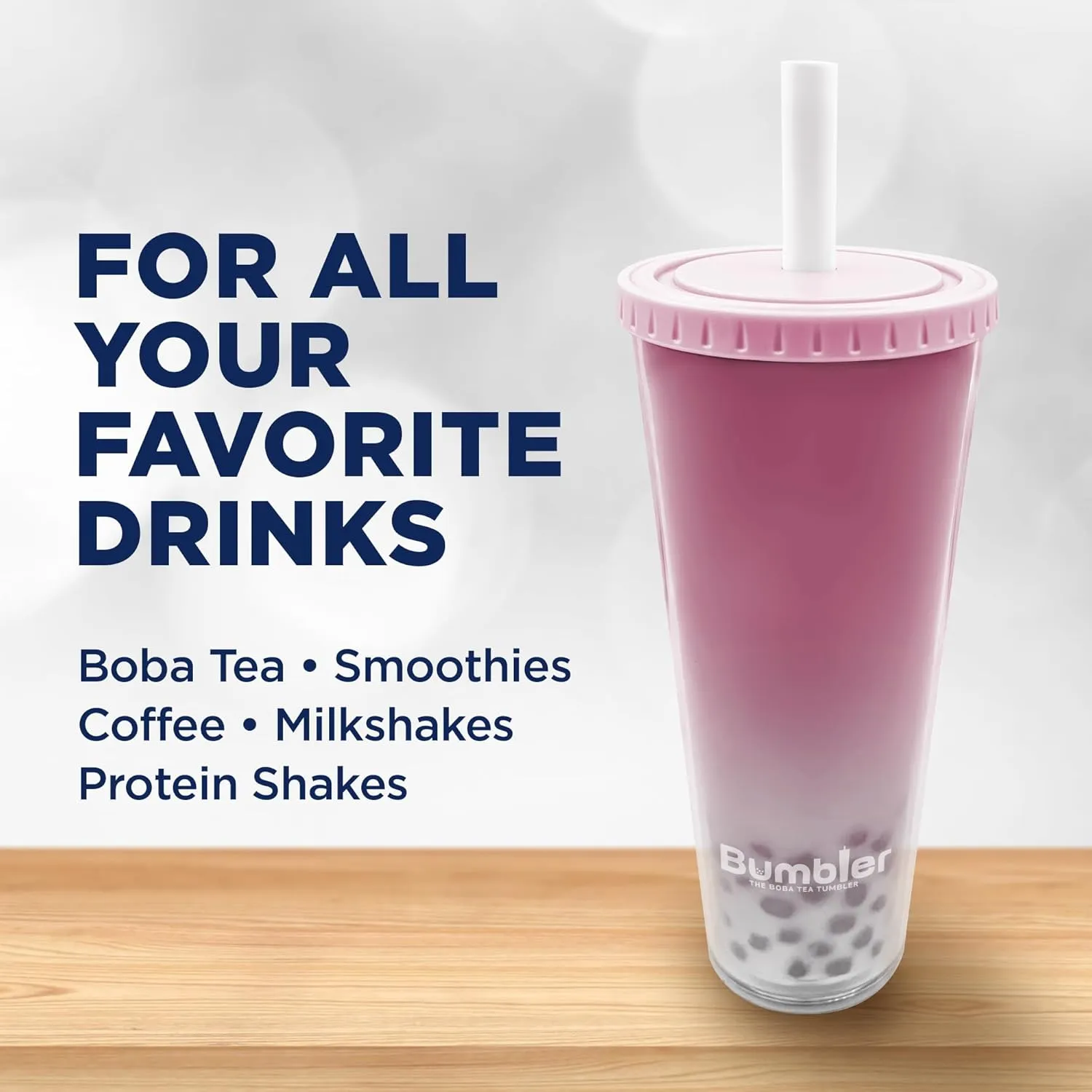 Bumbler 24oz Large Reusable Portable Eco-Friendly Tumbler | Drinking Cup with Wide Soft Tip Straw, Aesthetic Leak-Proof Lid – for Boba Tea, Smoothies, Iced Coffee, Hot or Cold Drinks – Blush Pink