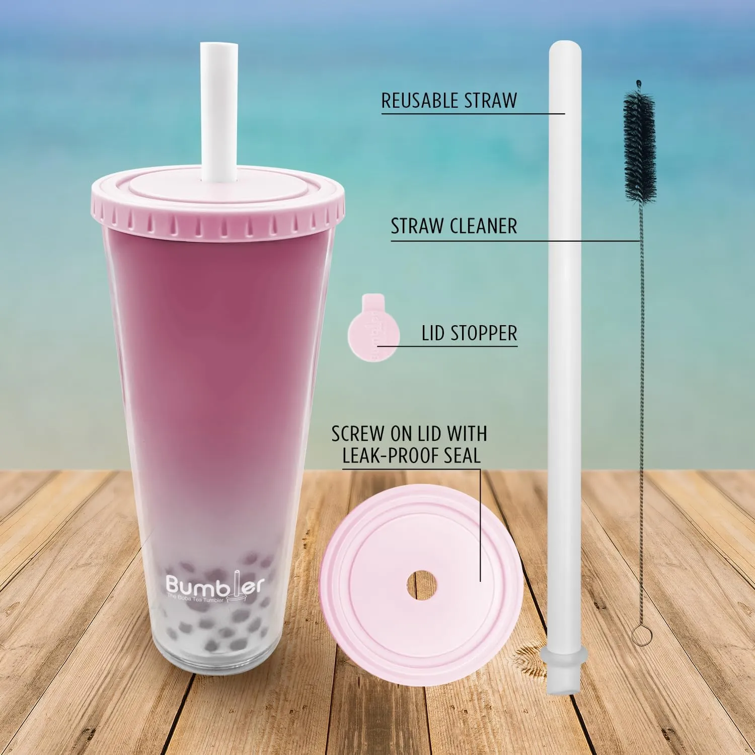 Bumbler 24oz Large Reusable Portable Eco-Friendly Tumbler | Drinking Cup with Wide Soft Tip Straw, Aesthetic Leak-Proof Lid – for Boba Tea, Smoothies, Iced Coffee, Hot or Cold Drinks – Blush Pink