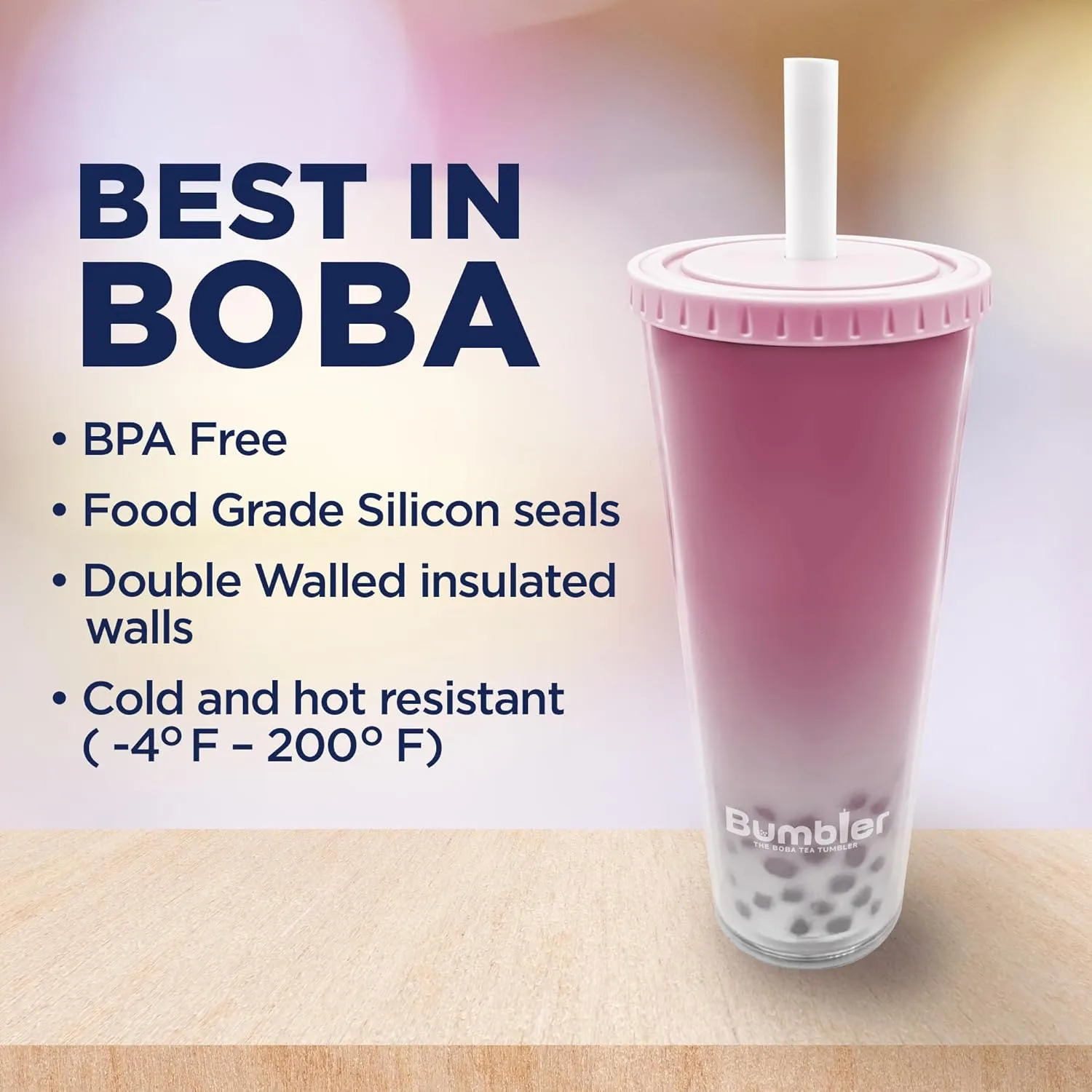 Bumbler 24oz Large Reusable Portable Eco-Friendly Tumbler | Drinking Cup with Wide Soft Tip Straw, Aesthetic Leak-Proof Lid – for Boba Tea, Smoothies, Iced Coffee, Hot or Cold Drinks – Blush Pink