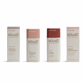 Bundle of ATTITUDE Oceanly, EWG Verified, Plastic-Free, Vegan Makeup, Lip Gloss, Silky Pink, 0.12 Oz   Blush, Rose, 0.3 Oz   Bronzer, Coffee, 0.3 Oz  Highlighter, Golden Rose, 0.3 Oz