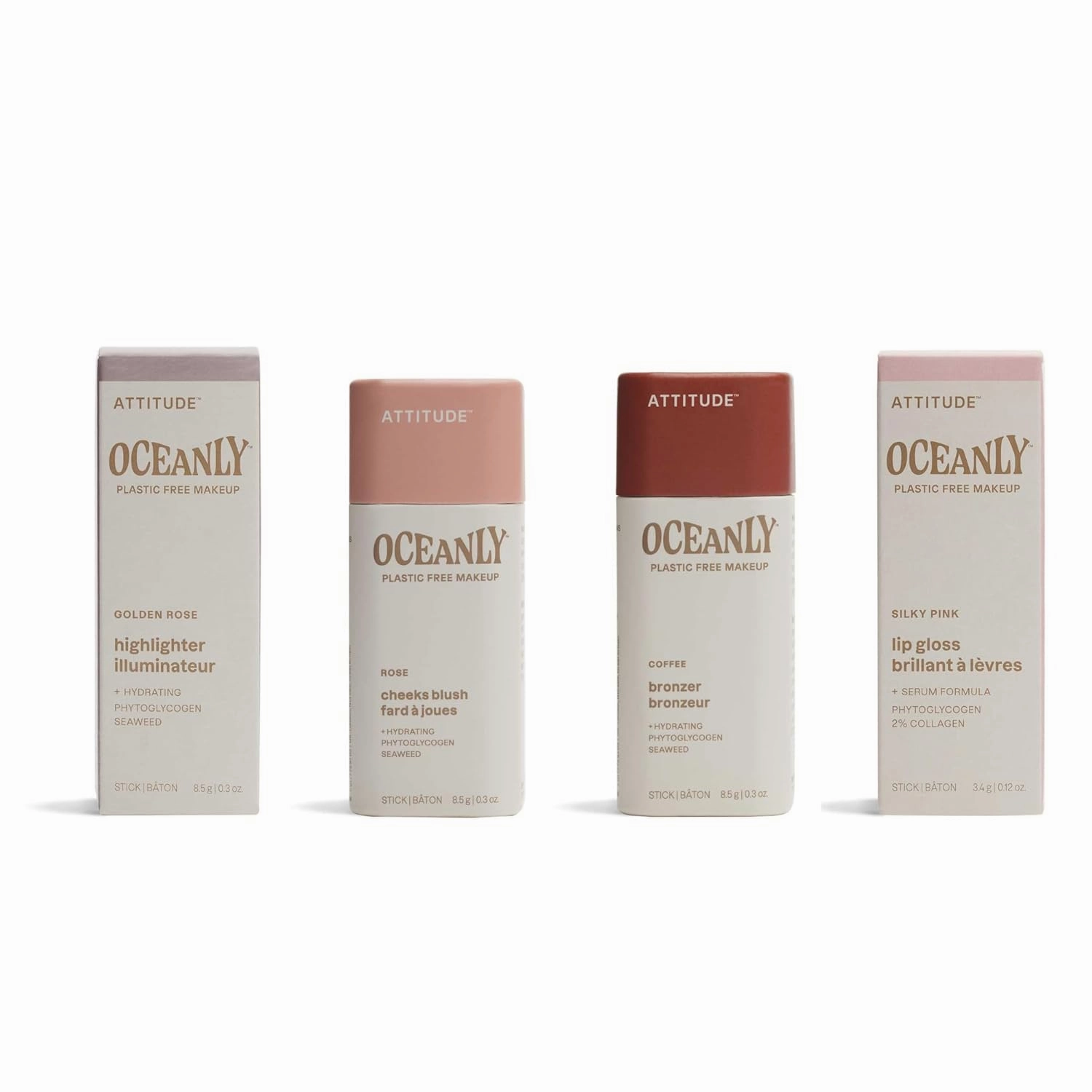 Bundle of ATTITUDE Oceanly, EWG Verified, Plastic-Free, Vegan Makeup, Lip Gloss, Silky Pink, 0.12 Oz   Blush, Rose, 0.3 Oz   Bronzer, Coffee, 0.3 Oz  Highlighter, Golden Rose, 0.3 Oz
