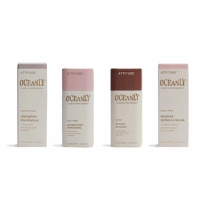Bundle of ATTITUDE Oceanly EWG Verified, Plastic-Free, Vegan Makeup, Lip Gloss, Silky Pink, 0.12 Oz   Blush, Silky Pink, 0.3 Oz   Bronzer, Ebony, 0.3 Oz   Highlighter, Golden Rose, 0.3 Oz