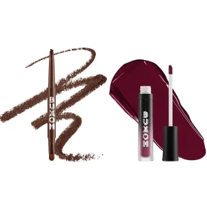 Buxom Full-On Plumping Liquid Lipstick Matte in Plum Queen   Power Line Plumping Lip Liner in Creamy Chocolate