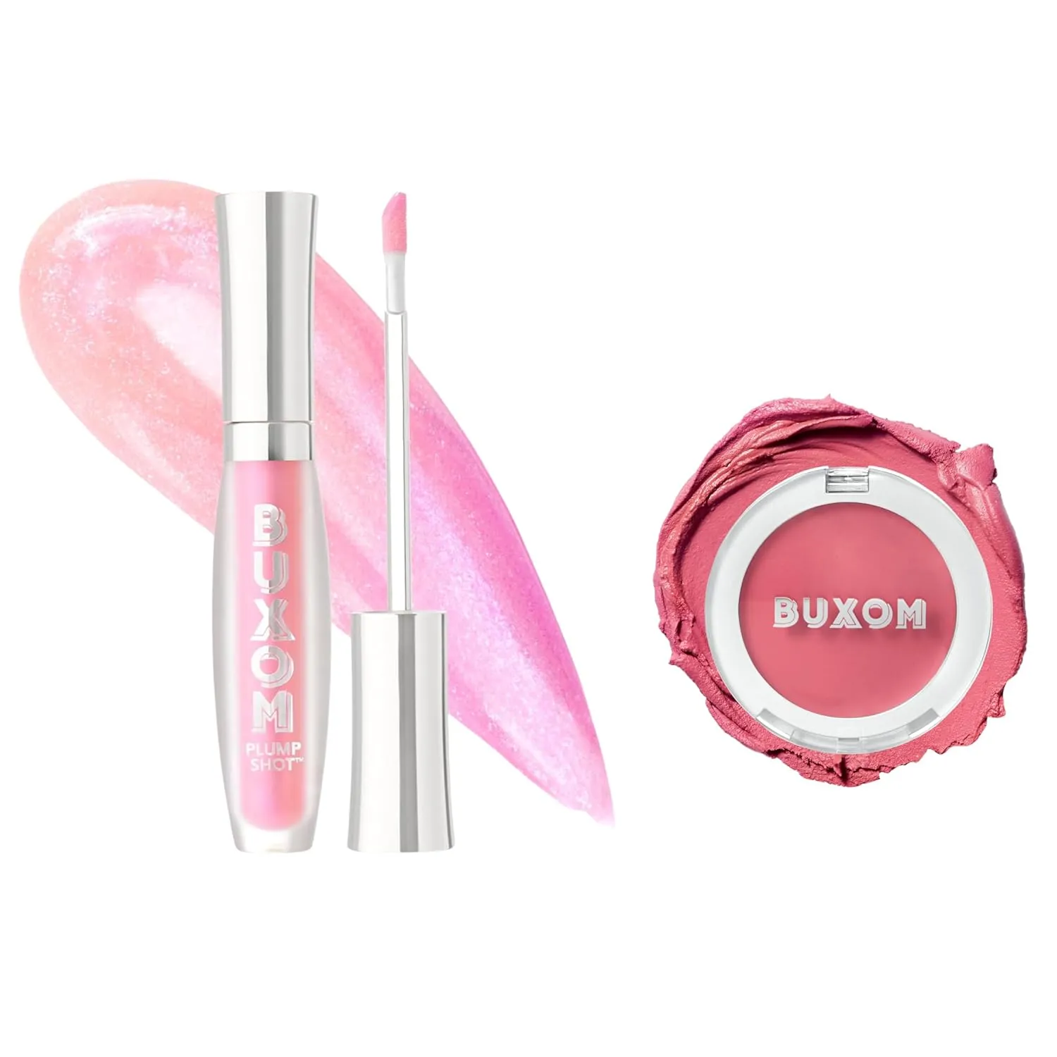 Buxom Plump Shot Collagen-Infused Lip Serum in Spellbound Pink Multichrome   Plump Shot Collagen Peptides Plumping Cream Blush, Cream-to-Powder Blush in shade Tickled Pink