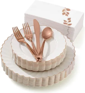 By Madee HIGH END 175 Pc Ivory Scalloped Plastic Plates – Elegant Plastic Dinnerware Set with Rose Gold Trim | Disposable Plates and Utensils Set with Fancy Napkins Perfect for Easter (25 Guests)