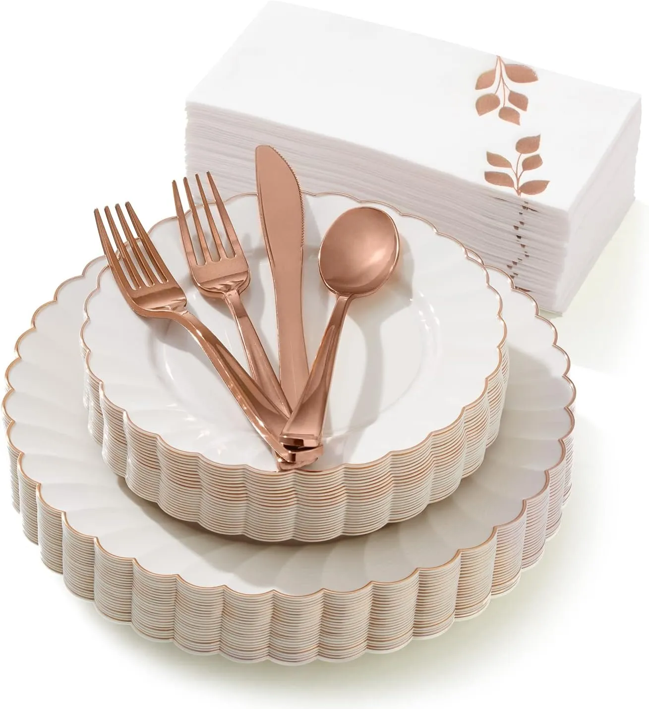 By Madee HIGH END 175 Pc Ivory Scalloped Plastic Plates – Elegant Plastic Dinnerware Set with Rose Gold Trim | Disposable Plates and Utensils Set with Fancy Napkins Perfect for Easter (25 Guests)