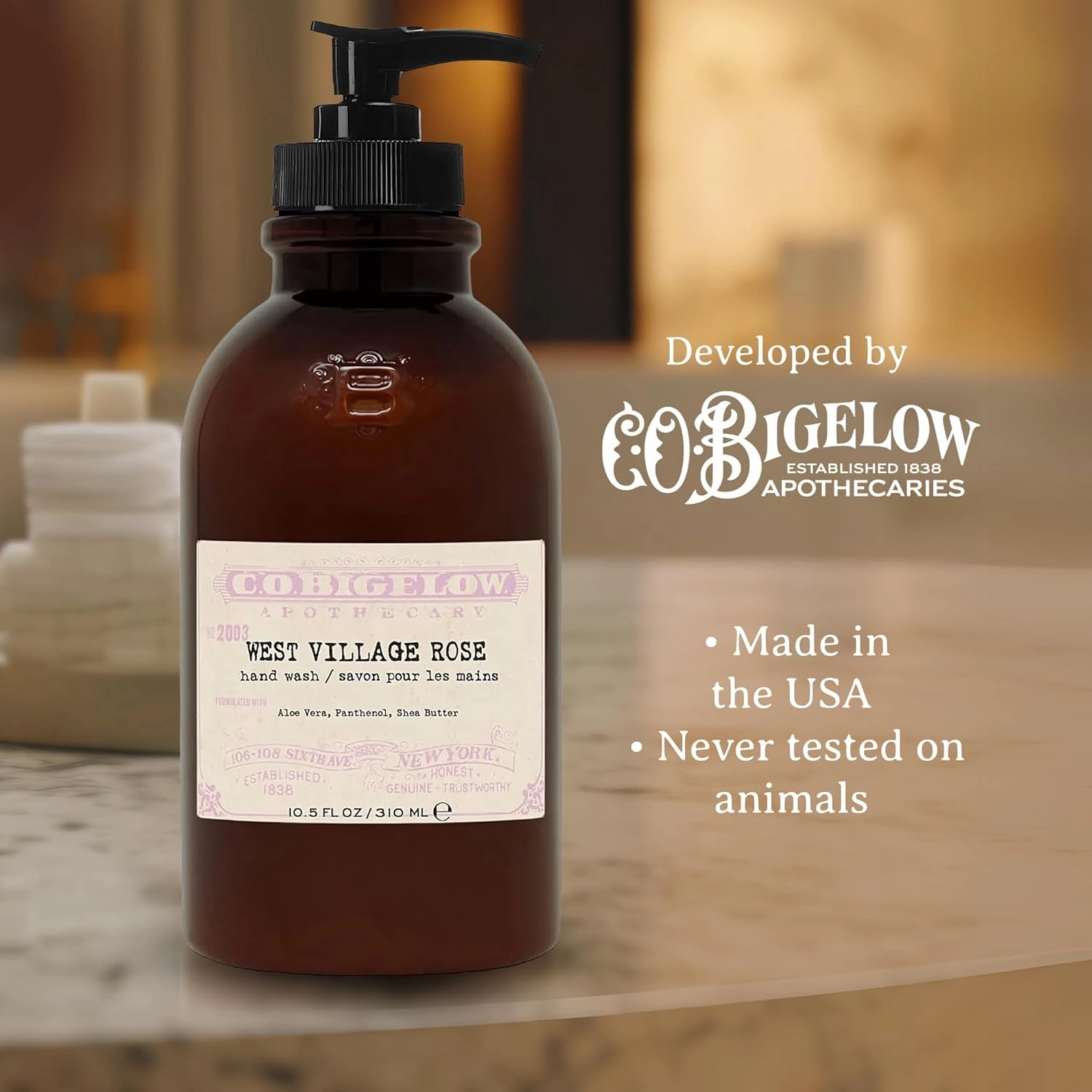 C.O. Bigelow Iconic Collection West Village Rose Hand Wash, with Glycerin, Aloe Vera, Panthenol, and Shea Butter, 10.5 fl oz