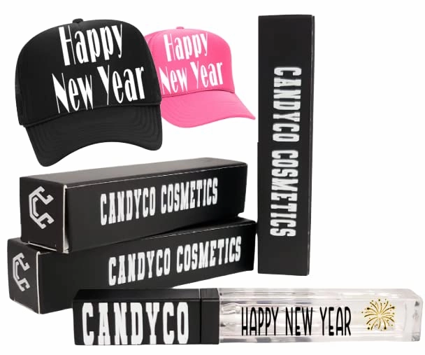 CandyCo Cosmetics 2023 tee shirt Happy new year trucker hat Ultra Long Lasting custom lipgloss coworker stockng stuffer christmas fen shea butter (Black Hat)